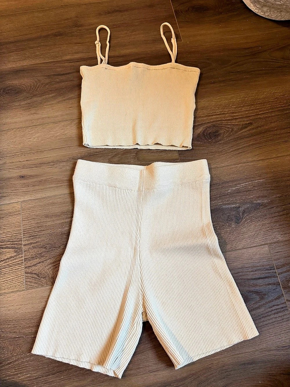 Beige Sweater Ribbed Cami & Shorts Set